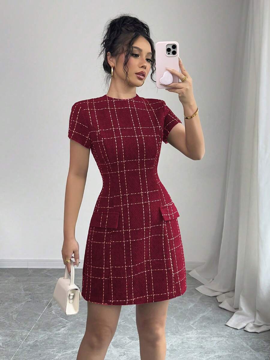 Elenzga 优雅法式格子图案粗花呢连衣裙，带口袋装饰，女式紧身迷你连衣裙 - 酒紅色 - 查看 1