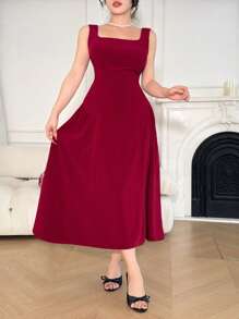 DAZY Sleeveless Square Neckline Solid Color Long Dress For Women Red Women Dresses,New Year - Burgundy - View 9