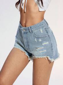 SHEIN EZwear Women's Casual Distressed Frayed Hem Denim Shorts - Blue - View 6
