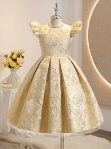 Tween Girls Elegant Luxurious Gold Round Neck Short Sleeve Bowknot Midi Length Mesh Dress, Suitable For Evenings, Parties, Birthday, Performance, Weddings, Flower Tween Girl, Valentine's Day And Other Occasions
