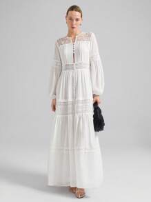 Ontre 白色雪纺浪漫蕾丝拼接长袖高开叉下摆优雅女士连衣裙