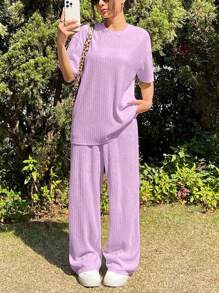 SHEIN EZwear 针织纹理宽松T恤和裤子套装，夏季休闲装 - 淡紫色 - 查看 3