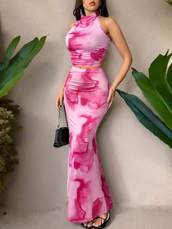 Firerie 2pcs Women's Set: Turtleneck Backless Halter Top And Fish Tail Skirt,Summer Sets