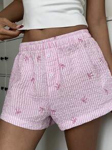 Aloruh Eleganti shorts mini rosa a righe con stampa in stile fiocco, vita bassa e versatili