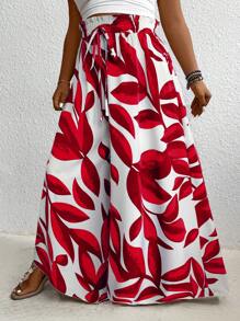Plus Size Vacation Loose Plant Print Wide Leg Pants Fall Cloth For Women - Red - View 3