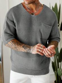 Manfinity Homme Men's Casual Solid Color Knit Sweater Men Vacation Men Knit Tops Men Sweater Top