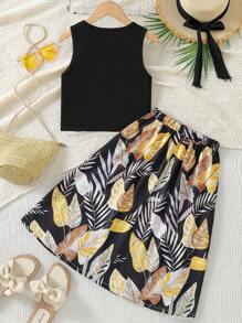 SHEIN 2 件套 Tween Girls 休闲度假图案印花背心和裙子套装