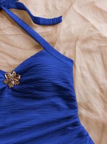 Soleia V 领花卉金属扣针织纹理贴身吊带背心，适合度假、音乐节、波西米亚风、节日和下午茶 - 寶藍色 - 查看 3