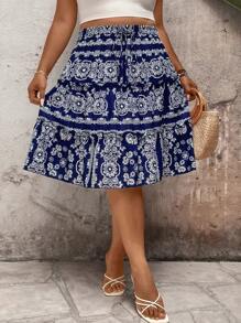 SHEIN LUNE Gonna casual con vita alta a-line, multicolore, con coulisse, multifunzionale, per vacanze, taglie comode