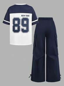 SHEIN Leap Crew 2 件套 Tween 女童宽松休闲运动衫 T 恤和阔腿工装裤套装 - 藍色 - 查看 8