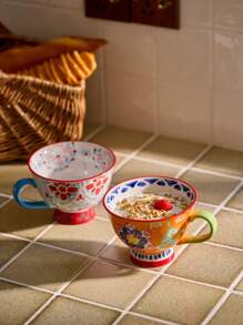 Cirelle 1pc Ceramic Hand-Painted Floral Pattern Vintage Breakfast Mug, Coffee Cup For Kitchen, Living Room Decor