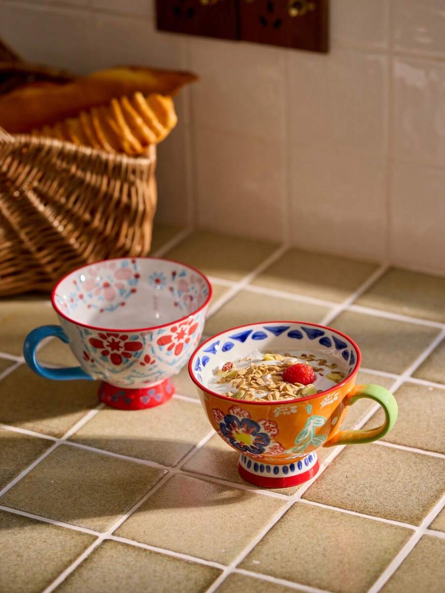 Cirelle 1pc Ceramic Hand-Painted Floral Pattern Vintage Breakfast Mug, Coffee Cup For Kitchen, Living Room Decor