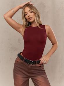 MISSGUIDED High Neck Sleeveless Bodysuit Athletic Dance Workout Tank Top Leotard Gym Professional Performance Training Wear Fall Winter Activewear - Burgundy - View 4