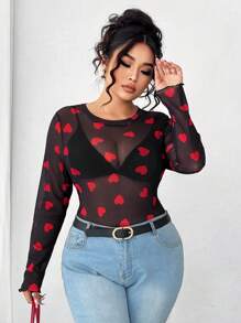 Elenzga Plus Size Sexy Heart Mesh Bodysuit, Stylish Fitted Long Sleeve Graphic Tee, Slim Fit Heart Mesh Top