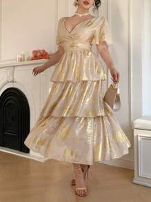 DAZY V-Neck Sequin Embellished Ruffle Trim Long Dress For Women - Blue - View 3