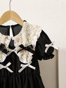 SHEIN Young Girl Elegant Color Block Peter Pan Collar Bow Decor Dress - Black - View 4