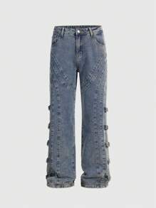 ROMWE MEN Street Life Men's Grunge Solid Color Pocket Casual Straight Loose Fit Jeans - Blue - View 1
