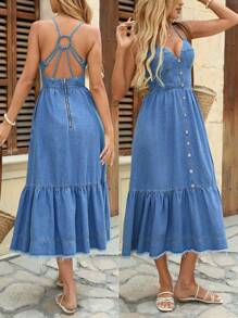 Breezaya Women's Simple Denim Dress, Fashionable For Summer - Blue - View 1