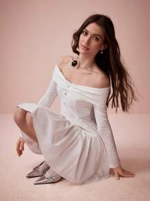 Enchnt Robe élégante femme à manches longues, épaules dénudées, plissée, couleur unie, ourlet - Blanc - Voir 7