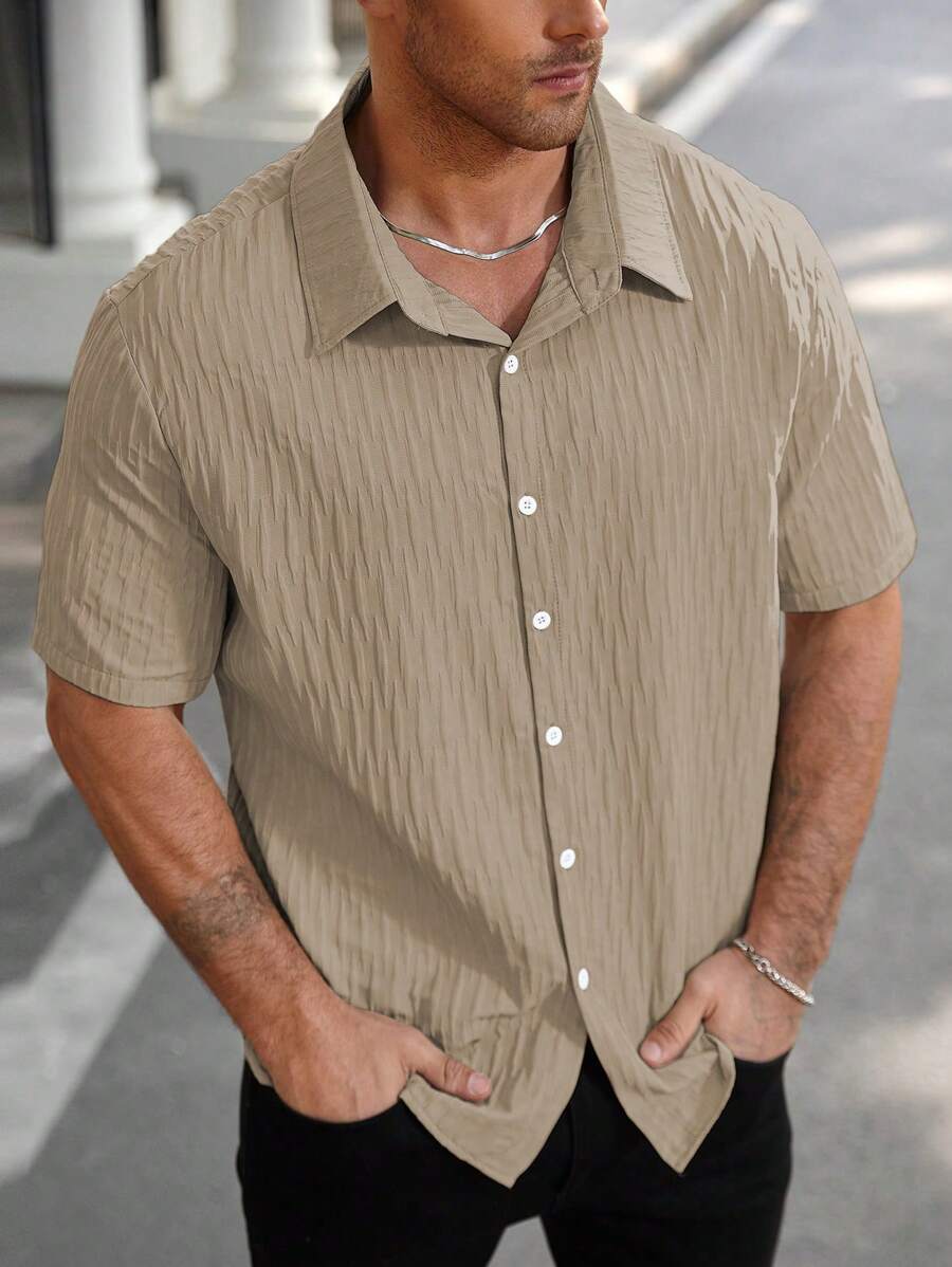 Manfinity Homme Men's Plus Size Solid Color Short Sleeve Single-Breasted Casual/Office Shirt - Khaki - View 1