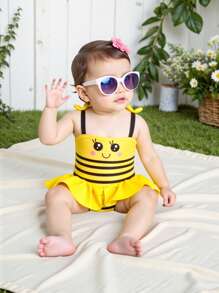 Newborn Baby Girl Cute Yellow Bee Ruffle One-Piece Swimsuit