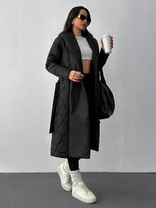 EURMUSE Cappotto invernale da donna trapuntato con cintura lunga - nero - Visualizzare 6