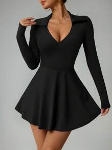 Easithlete Solid Color Long Sleeve Cinched Waist Mini Sports Dressathletic Dress