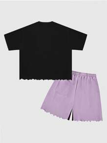 ROMWE MEN Street Life Men's Loose Fit Hip Hop Graphic Print T-Shirt & Shorts Set, Casual Summer Outfit - Purple - View 2