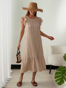 EURMUSE Đầm suông cổ tròn tay lửng viền bèo nhún màu trơn cho nữ - Màu be - Xem 4