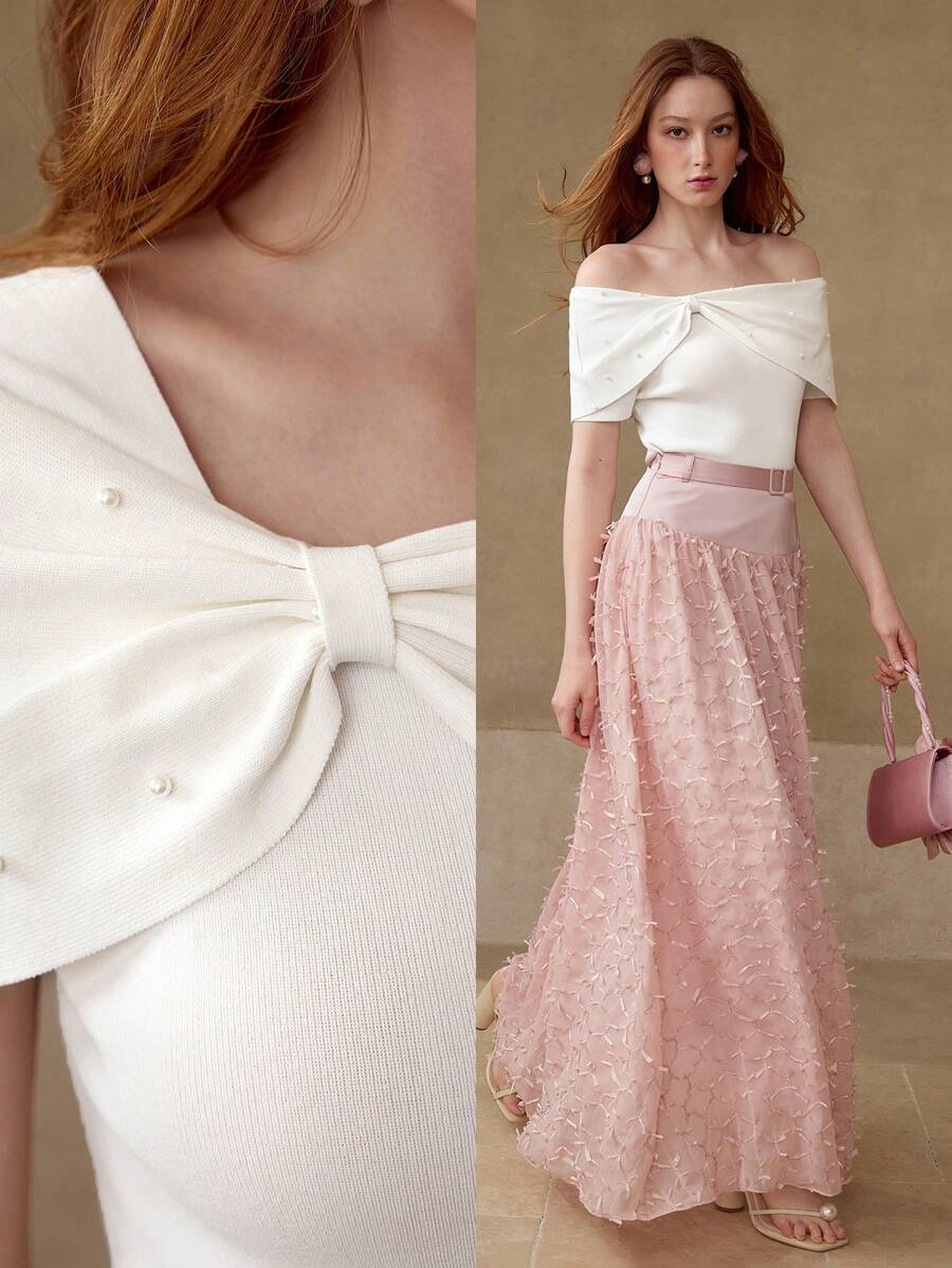 MOTF PREMIUM FAUX PEARL AND BOW DETAIL KNIT TOP