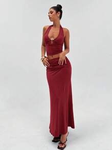 Aloruh 女士两件套：优雅复古性感露背深 V 金属扣装饰吊带背心 + 低腰扭纹褶皱裙，适合约会、度假、情人节