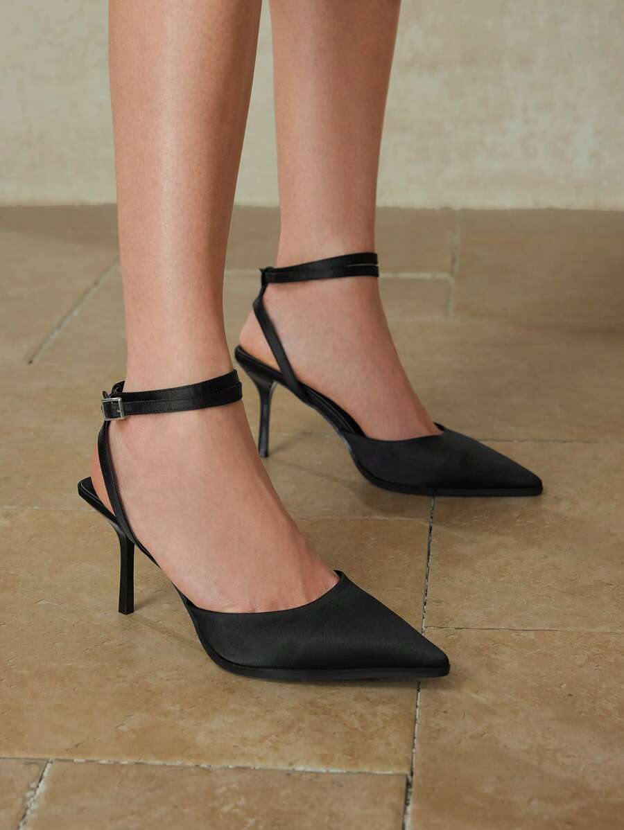 MOTF PREMIUM WOMEN'S POINTED TOE ANKLE STRAP HIGH HEEL PUMPS - Black - View 1