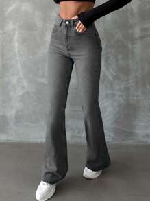 SHEIN Tall Women's High Waist Pocketed Flared Casual Versatile Jeans - Light Grey - View 5