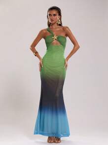 SHEIN BAE 女士性感海星金属装饰假日沙滩装夏装镂空音乐节装领绿色渐变印花夏季长裙 - 藍色 - 查看 4