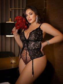 Spicy Aura Plus Size Lace Splicing Wireless Sexy Bodysuit - Multicolor - View 5
