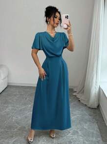 Elenzga Vestido largo con cuello drapeado, cintura ajustada y espalda descubierta con moño, en satén champán, adecuado para el Día de San Valentín y bodas