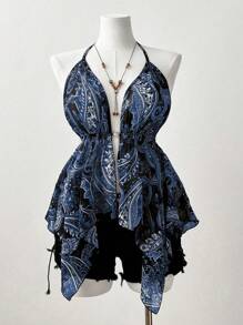 SHEIN SunnyBelle Top canottiera per donna con scollo alla halter, in tessuto trasparente, motivo a patchwork con perline, stile boho, hippie, cowgirl, old money, di taglia curvy