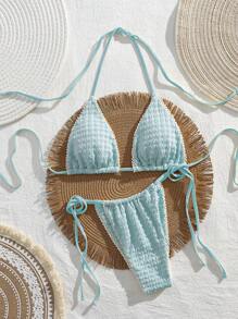 Swim Mod 2pcs/Set Spring Break New Arrival Cute Yellow Tie-Neck Sexy Low Back Ruffle Trim Bikini Swimsuit Set For Women For Summer Beach Vacation - Blue - View 3