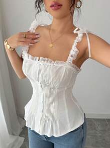 Elenzga 女士夏季假期无袖纯色蕾丝蝴蝶结后背短款上衣 - 白色 - 查看 1