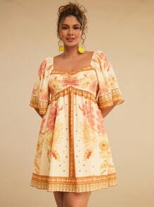 Travachic Vestido Curto Casual Feminino Plus Size de Verão Amarelo com Estampa Floral e Manga Bufante