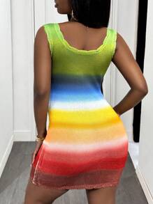 Slaydiva Vestido de verano de ocio y vacaciones 2025 para uso diario y playa, con cuello en U, sin mangas, mangas con volantes, estampado de degradado de arcoíris, falda mini, falda de cadera, vestido de suéter para mujer - Multicolor - Ver 2