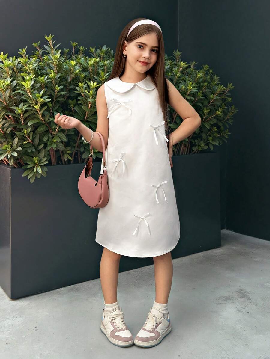SHEIN Leap Crew Nova Glow Tween 女童可爱休闲彼得潘领蝴蝶结装饰连衣裙 - 白色 - 查看 1