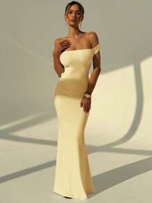 Aloruh 女士白色婚礼季节露背褶饰性感露肩紧身连衣裙 - 黃色 - 查看 7