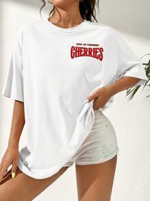SHEIN EZwear Oversized Casual Simple Cherry Pattern Round Neck Short Sleeve Loose T-Shirt For Women, Summer Back To School - White - View 4
