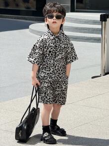 DAZY 2 件装幼儿男童豹纹短袖纽扣衬衫和短裤休闲装