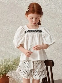 Blossori Girls Loose Fitting French Style Elegant Pullover Top/Shorts Set, Spring/Summer - Black and White - View 1