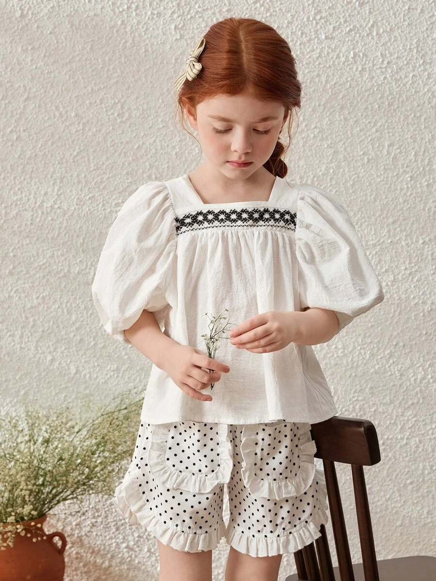 Blossori Girls Loose Fitting French Style Elegant Pullover Top/Shorts Set, Spring/Summer - Black and White - View 1