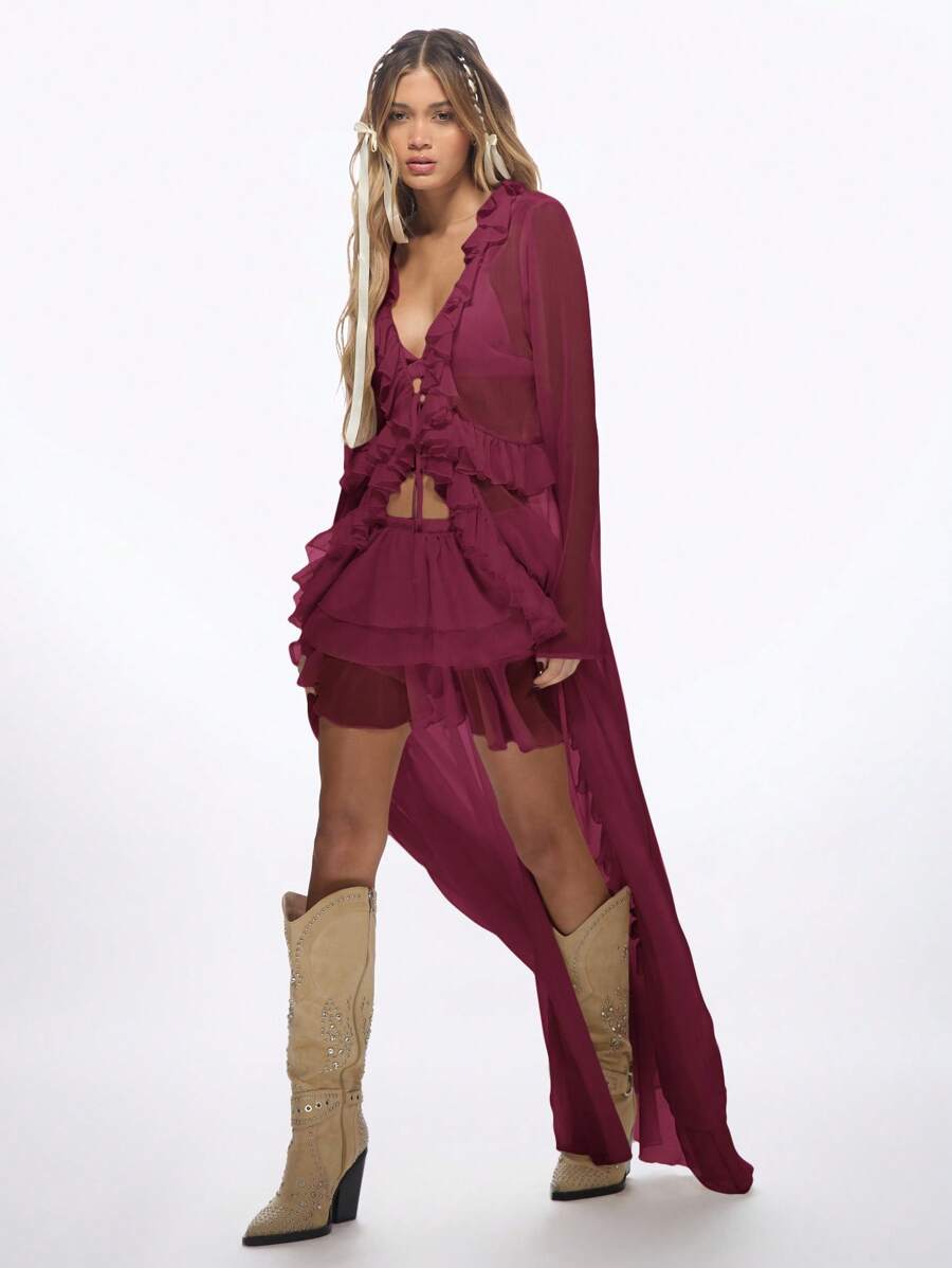 MISSGUIDED Boho Ruffle Longline Chiffon Blouse Festival Top High Low Hem Button Front Semi Sheer Summer Fall Tie Front Top Christmas - Burgundy - View 1