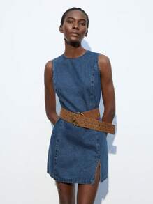 Maija Vestido corto de mezclilla casual para mujer, estilo ajustado sin mangas tipo ajustado, adecuado para uso casual de negocios y oficina