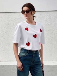 EURMUSE Casualowa koszulka z krótkim rękawem w kontrastowym kolorze z haftowanym sercem, lato